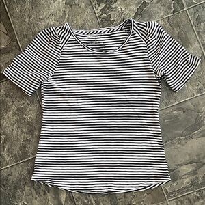 TALBOTS Classic Black White Striped Women's Top Puff Shoulders Coastal Preppy
